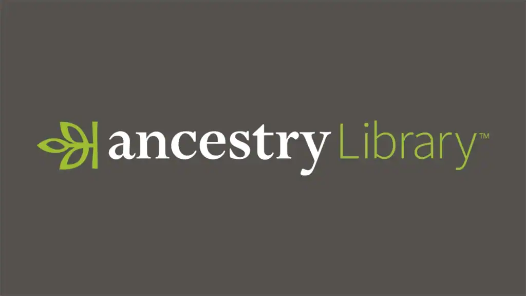 Ancestry Library logo with a green leaf icon on a dark gray background; ancestry in white and Library in green text.