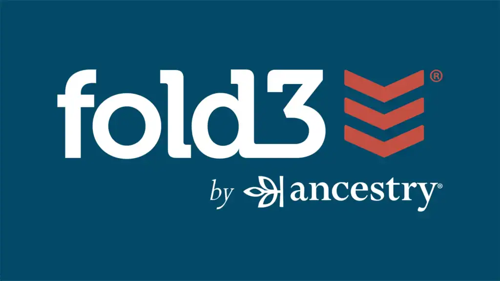 The image shows the Fold3 by Ancestry logo. fold3 is in large white text, followed by three red chevrons. Below, by ancestry is written in smaller white text with a leaf design. The background is dark teal.