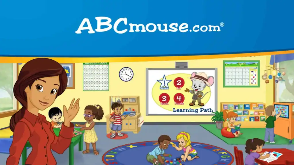 Illustration of a colorful classroom with children playing, reading, and learning. A teacher waves, and a screen displays ABCMouse.com, a mouse character, and a chart labeled Learning Path.