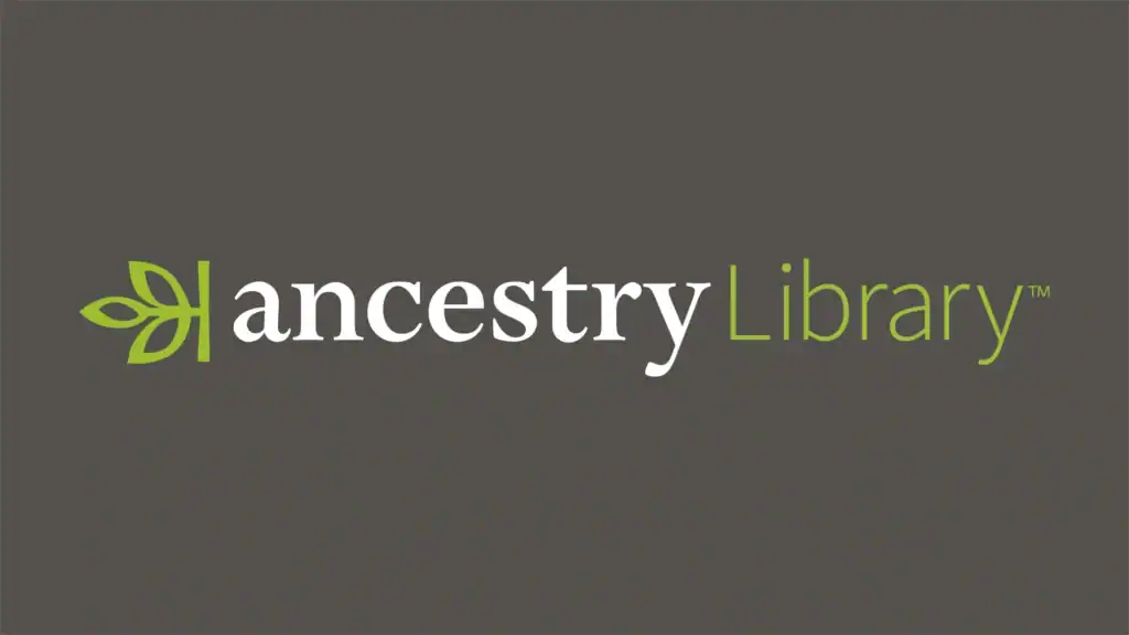 Ancestry Library logo with a green leaf icon on a dark gray background; ancestry is in white text and Library in green text.