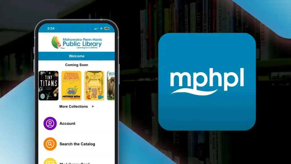 A smartphone displays the Mishawaka-Penn-Harris Public Library app with book covers visible. Next to it is the librarys blue logo with the lowercase letters mphpl and a wave design. Blurred bookshelves are in the background.