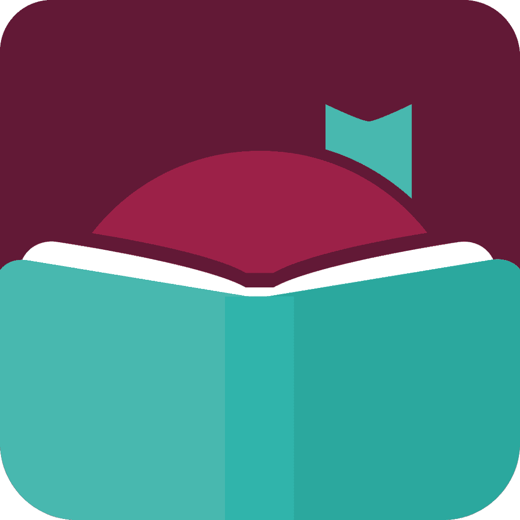 A stylized icon showing an open teal book with a maroon arch and bookmark above it, on a maroon background with rounded corners—perfect for promoting reading challenges or a summer reading challenge.