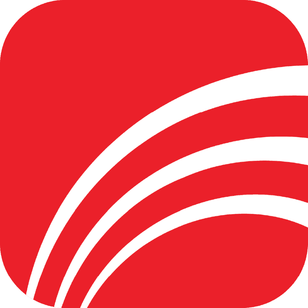 A red square icon with rounded corners featuring three white curved lines arching upward from the bottom left, creating a dynamic, wave-like design—perfect for representing a summer reading challenge.