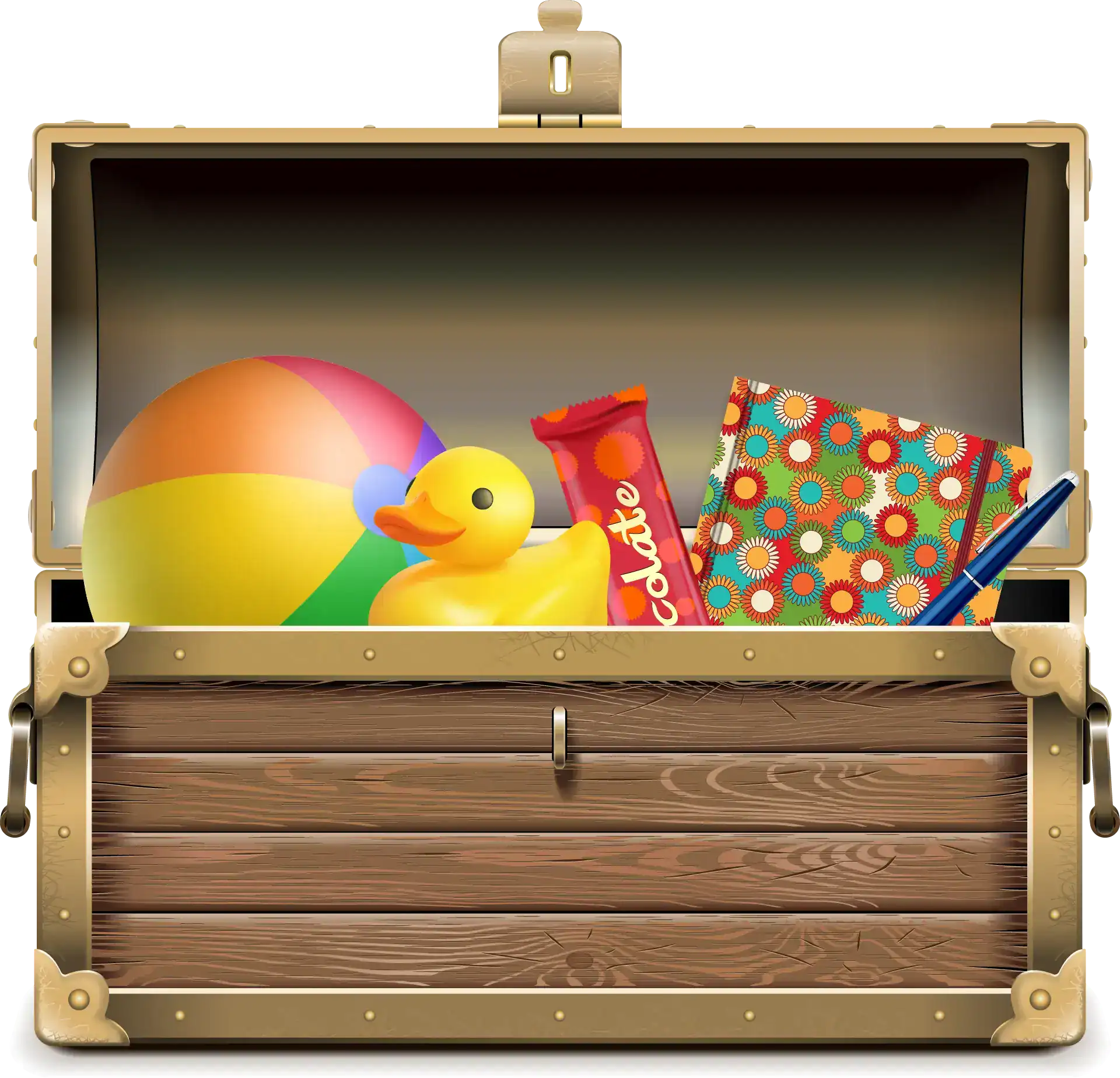 An open wooden treasure chest contains a colorful beach ball, a yellow rubber duck, a red candy bar, a patterned notebook, and a blue pen.