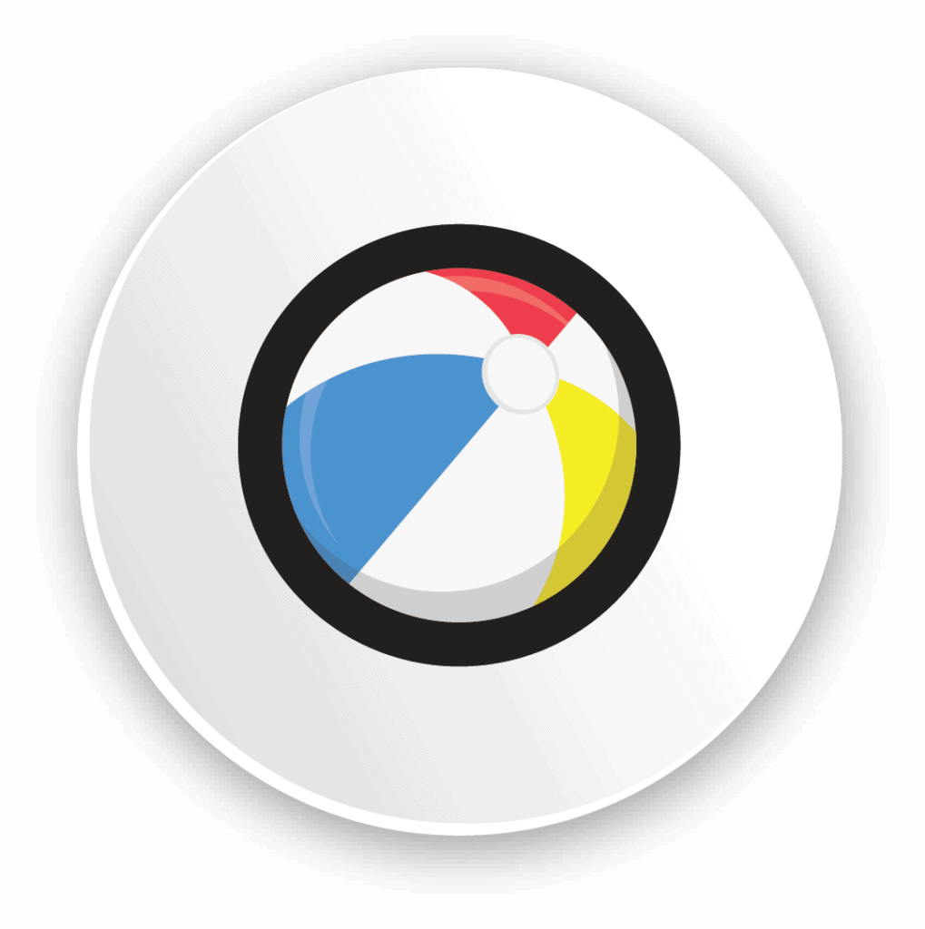 A colorful beach ball with red, blue, yellow, and white segments is centered on a white circular background with a black border.