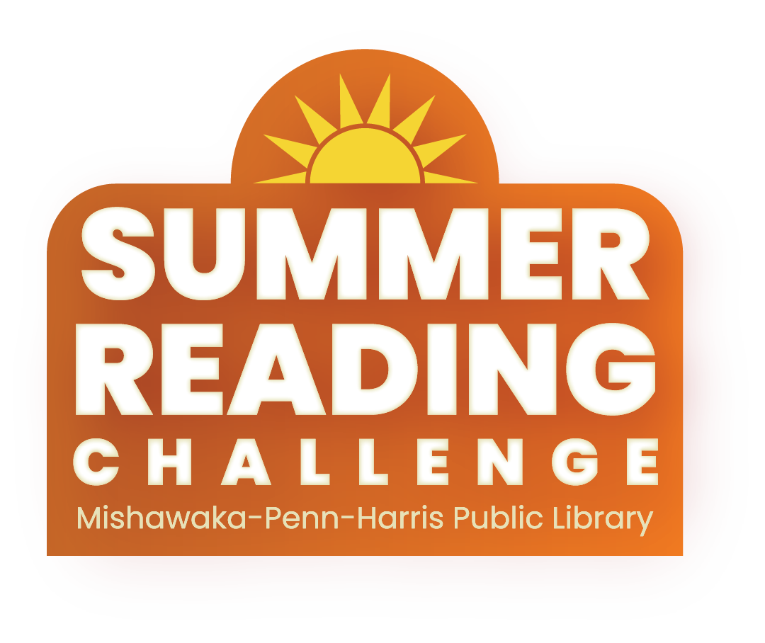 Orange logo with a yellow sun at the top and white text that reads, Summer Reading Challenge. Below in smaller text: Mishawaka-Penn-Harris Public Library.