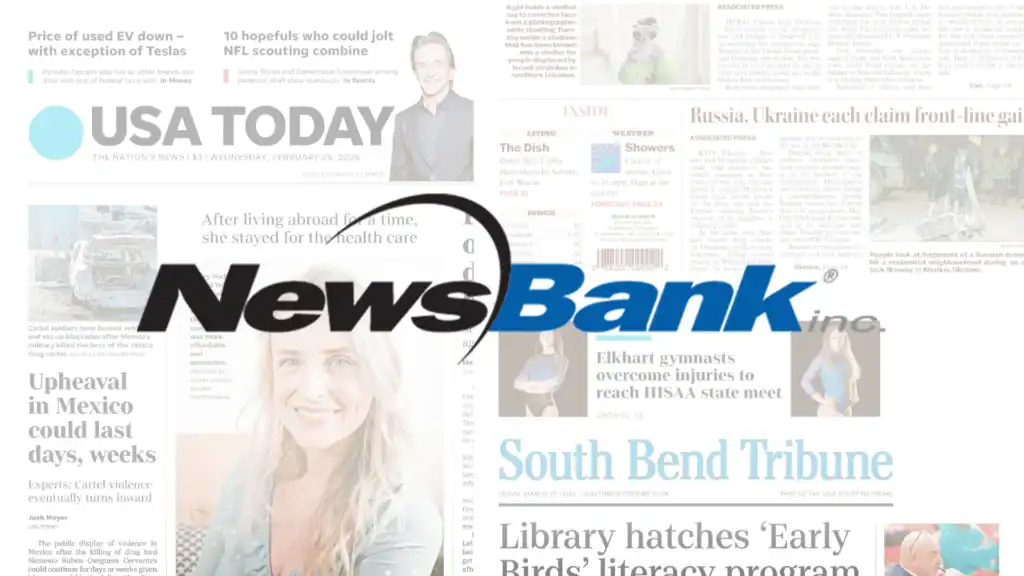 The NewsBank Inc. logo is centered over a faded collage of various newspaper front pages, including USA Today and the South Bend Tribune, representing news and media coverage.