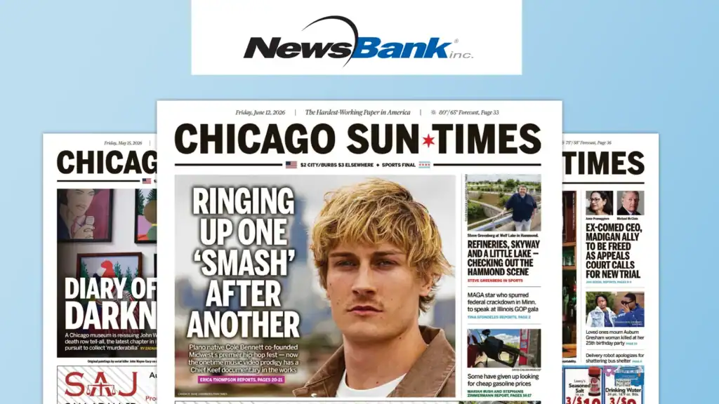 A NewsBank logo appears above three overlapping newspapers from the Chicago Sun-Times. The main front page features a headline, Ringing Up One Smash After Another, and shows a photo of a young man with blond hair.