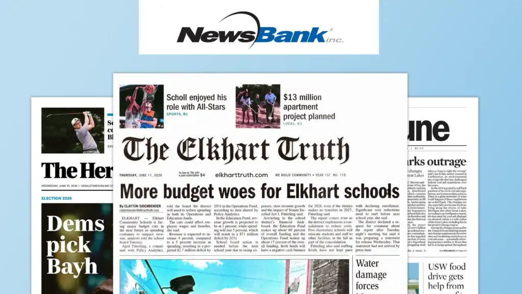 A local newspaper front page from The Elkhart Truth features the headline More budget woes for Elkhart schools, with smaller articles and images about an All-Stars event and a $13 million apartment project. NewsBank logo is above.